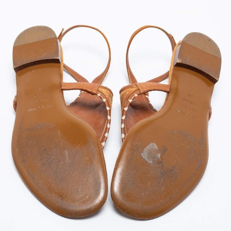 Pre Owned Sergio Rossi Brown Leather And Suede Ankle Strap Flats Size 40