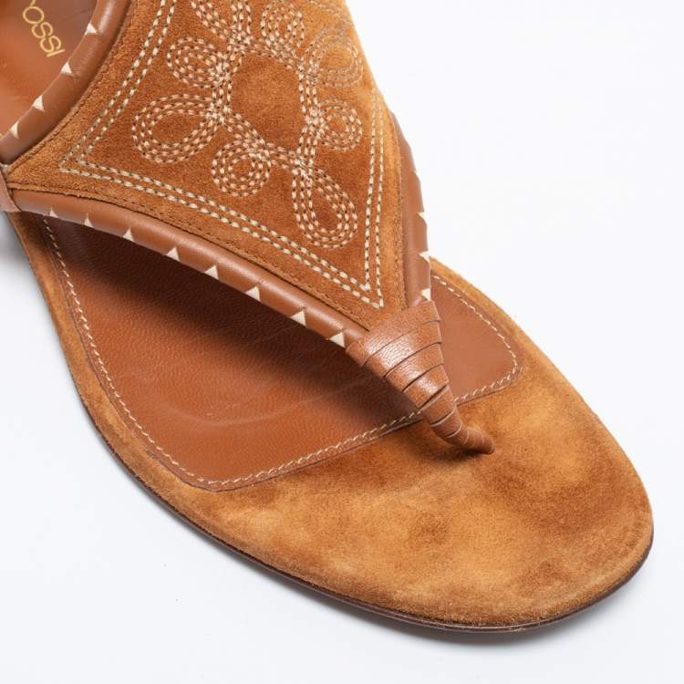 Pre Owned Sergio Rossi Brown Leather And Suede Ankle Strap Flats Size 40