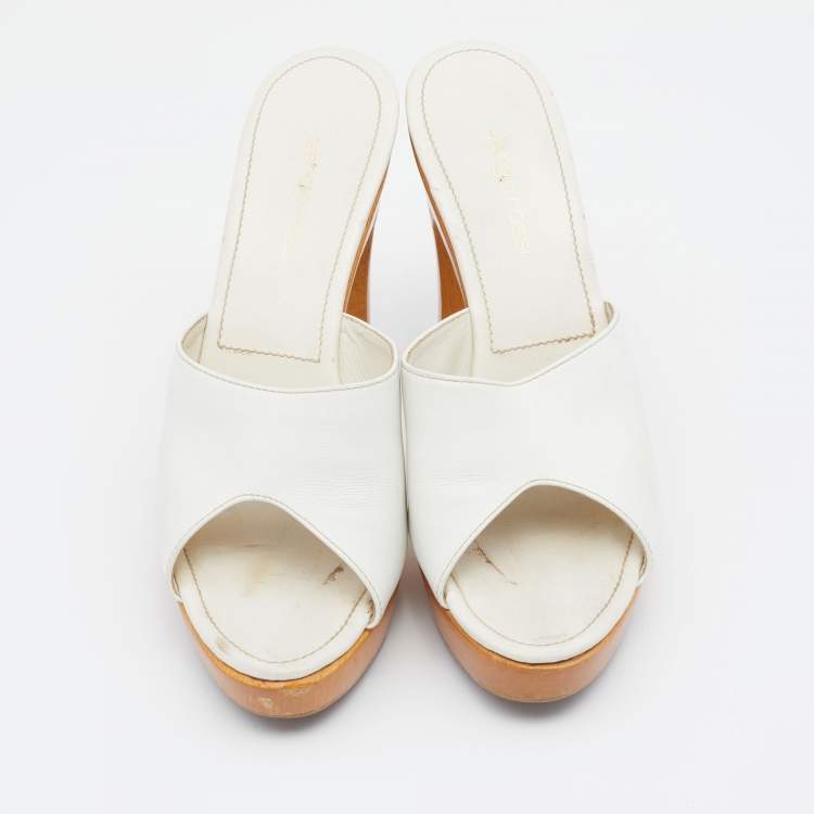 Pre Owned Sergio Rossi White Leather Wooden Platform Heel Sandals Size 38.5