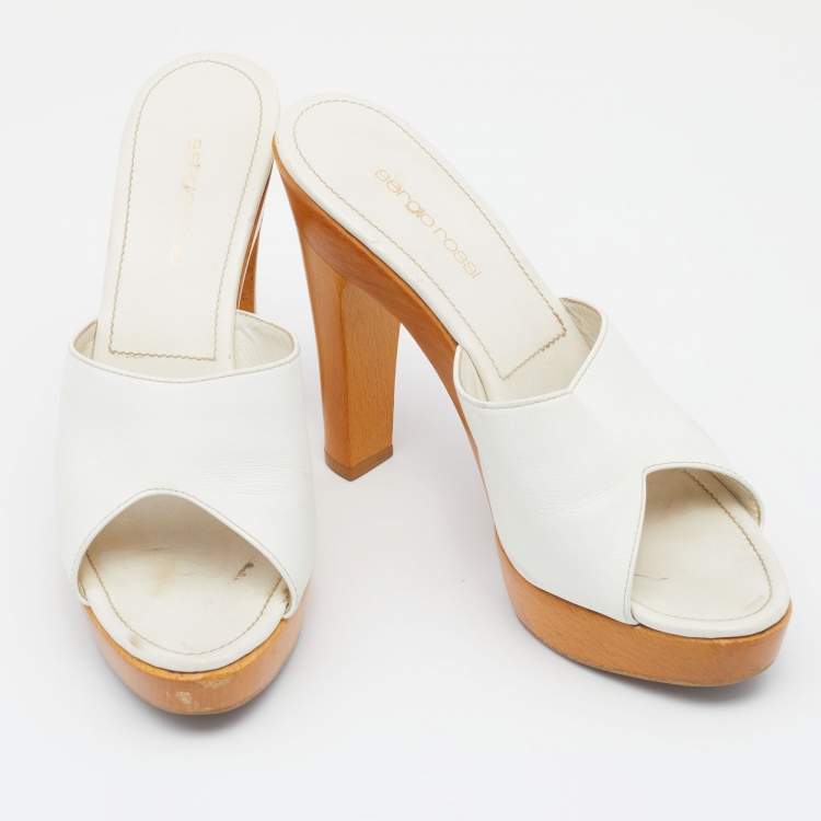 Pre Owned Sergio Rossi White Leather Wooden Platform Heel Sandals Size 38.5