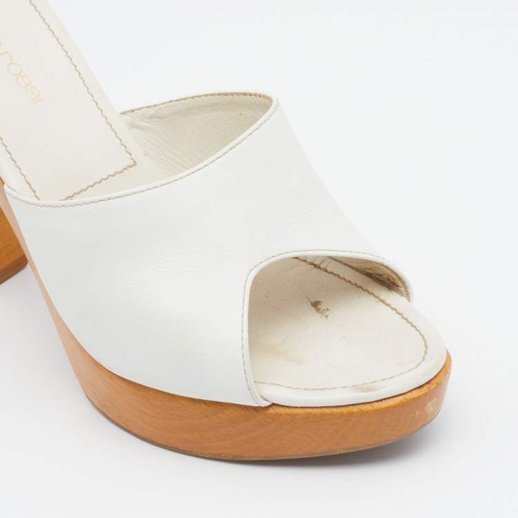 Pre Owned Sergio Rossi White Leather Wooden Platform Heel Sandals Size 38.5