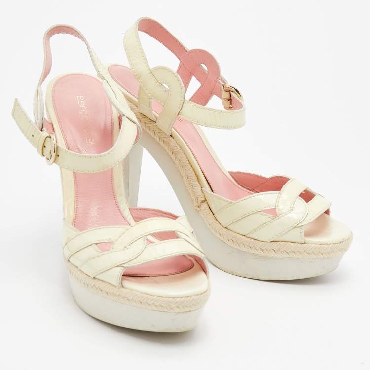 Pre Owned Sergio Rossi Cream Patent Leather Platform Espadrille Ankle Strap Sandals Size 39