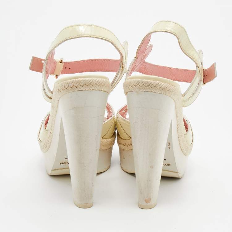 Pre Owned Sergio Rossi Cream Patent Leather Platform Espadrille Ankle Strap Sandals Size 39