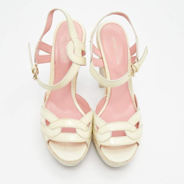 Pre Owned Sergio Rossi Cream Patent Leather Platform Espadrille Ankle Strap Sandals Size 39