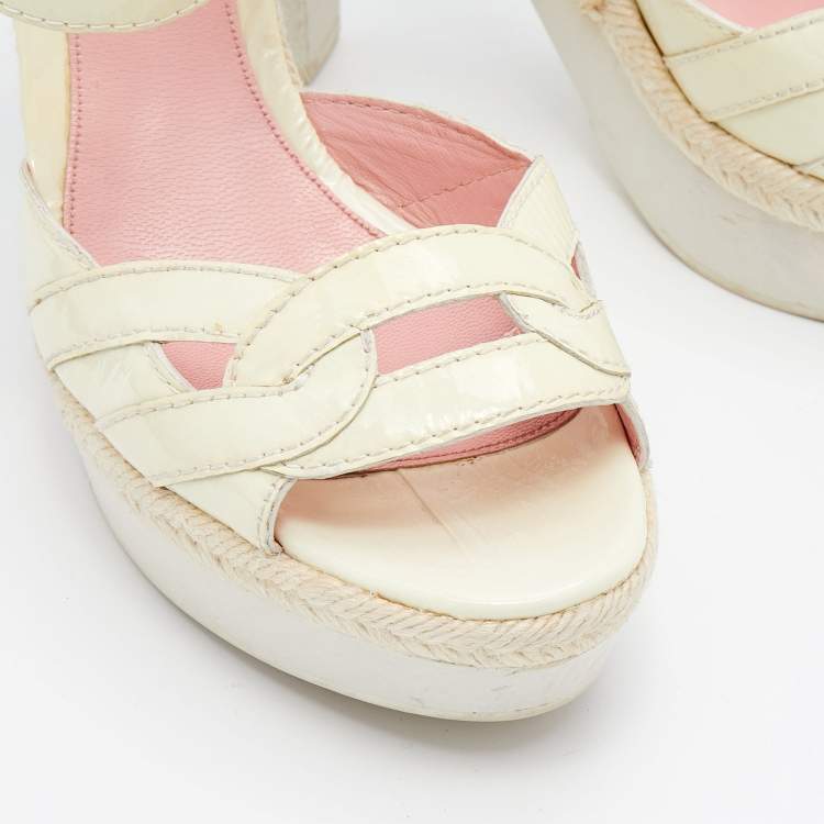 Pre Owned Sergio Rossi Cream Patent Leather Platform Espadrille Ankle Strap Sandals Size 39