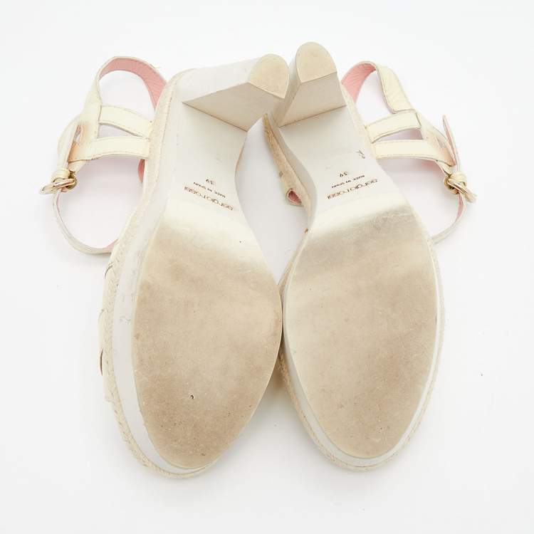 Pre Owned Sergio Rossi Cream Patent Leather Platform Espadrille Ankle Strap Sandals Size 39