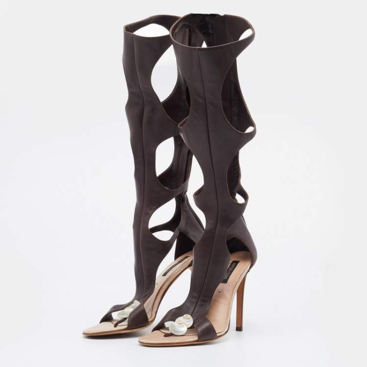 Pre Owned Sergio Rossi Brown Leather Embellished Gladiator Sandals Size 39