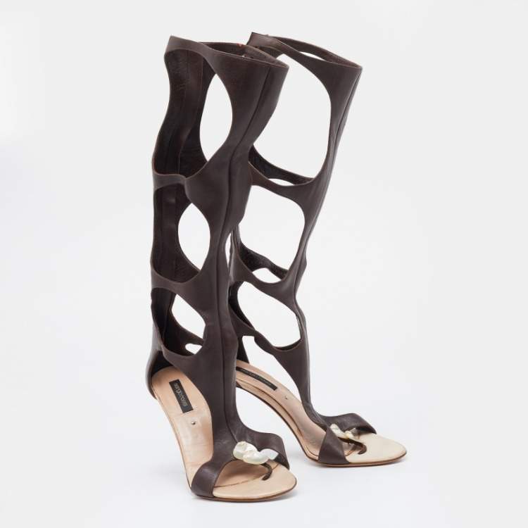 Pre Owned Sergio Rossi Brown Leather Embellished Gladiator Sandals Size 39