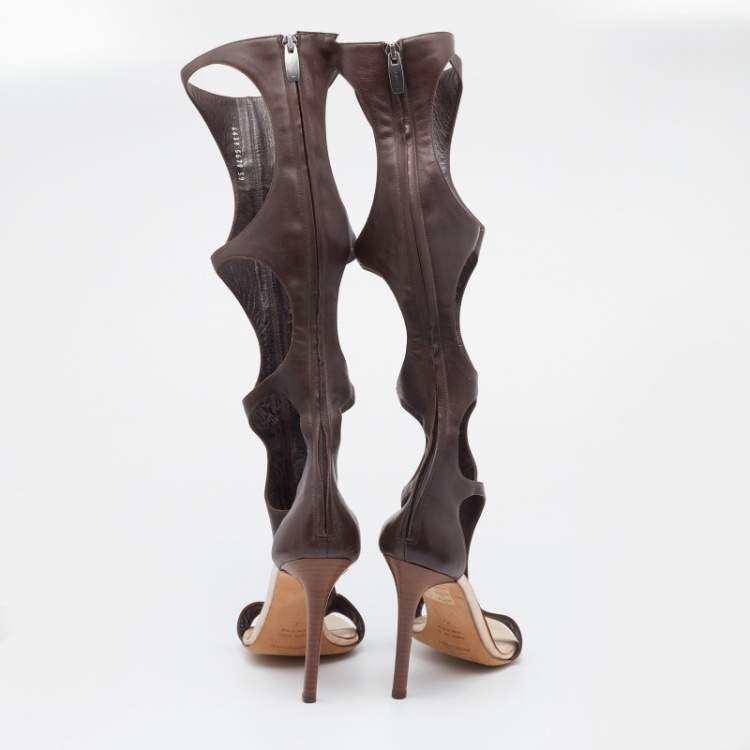 Pre Owned Sergio Rossi Brown Leather Embellished Gladiator Sandals Size 39