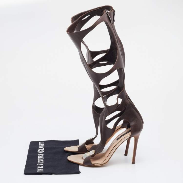 Pre Owned Sergio Rossi Brown Leather Embellished Gladiator Sandals Size 39