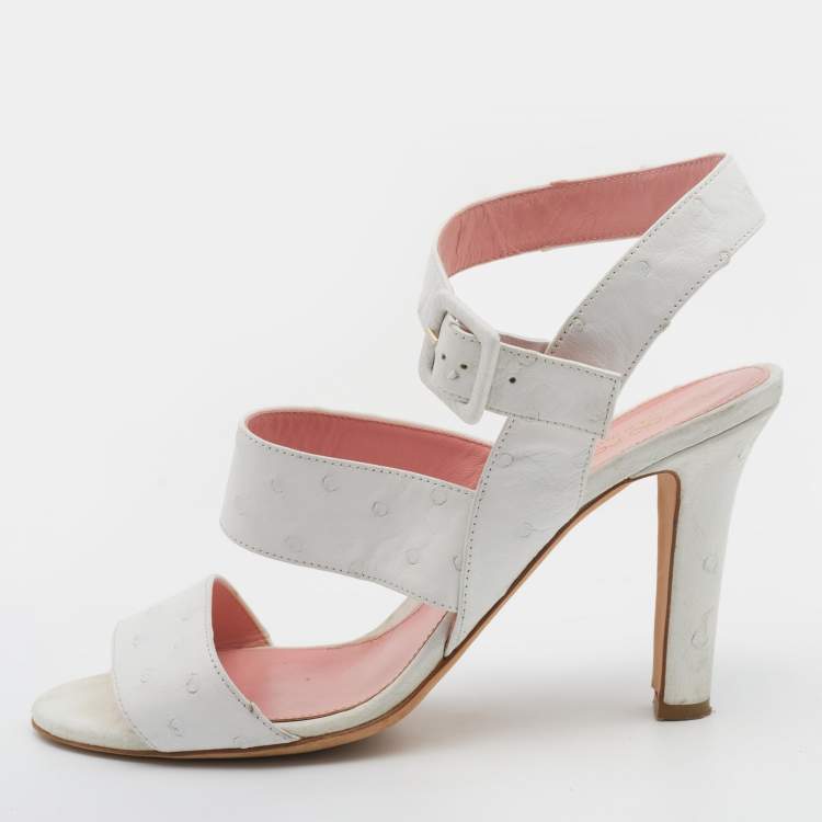 Pre Owned Sergio Rossi White Ostrich Leather Ankle Strap Sandals Size 39