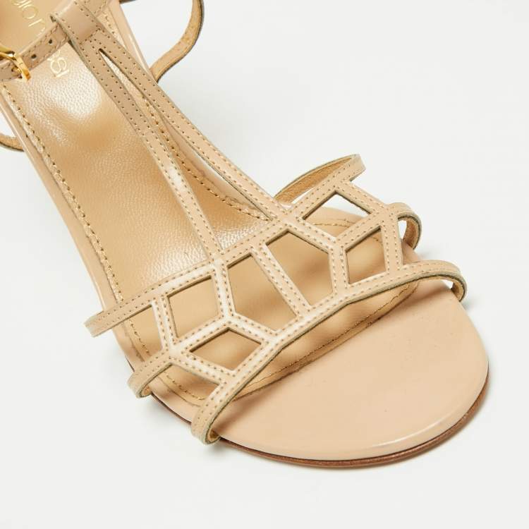 مملوكة مسبقًا Sergio Rossi Beige Strappy Patent Leather Cubic Ankle Strap Sandals Size 37