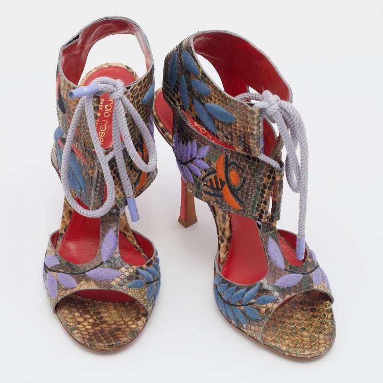 Pre Owned Sergio Rossi Multicolor Embroidered Python Ankle Tie Up Sandals Size 40