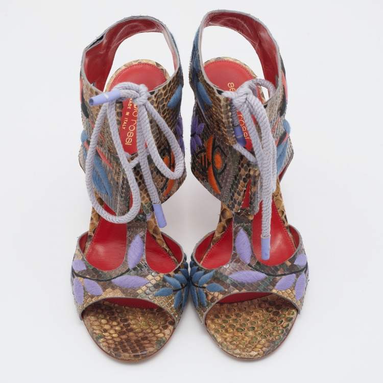 Pre Owned Sergio Rossi Multicolor Embroidered Python Ankle Tie Up Sandals Size 40