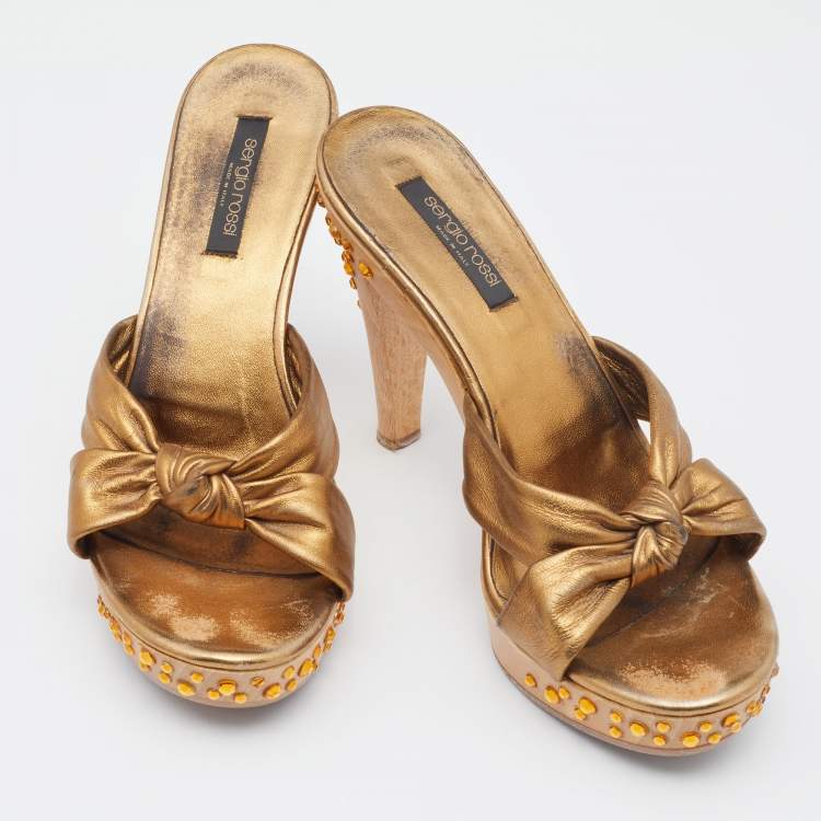 Pre Owned Sergio Rossi Metallic Bronze Leather Knotted Embellished Heel Platform Slide Sandals Size 39.5