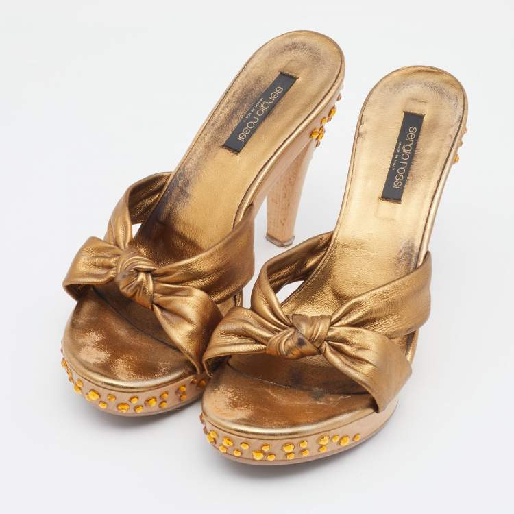 Pre Owned Sergio Rossi Metallic Bronze Leather Knotted Embellished Heel Platform Slide Sandals Size 39.5