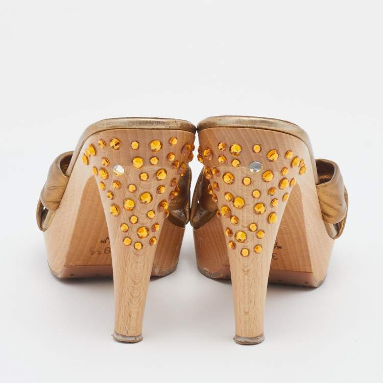 Pre Owned Sergio Rossi Metallic Bronze Leather Knotted Embellished Heel Platform Slide Sandals Size 39.5