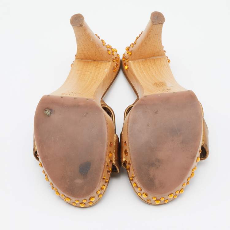 Pre Owned Sergio Rossi Metallic Bronze Leather Knotted Embellished Heel Platform Slide Sandals Size 39.5