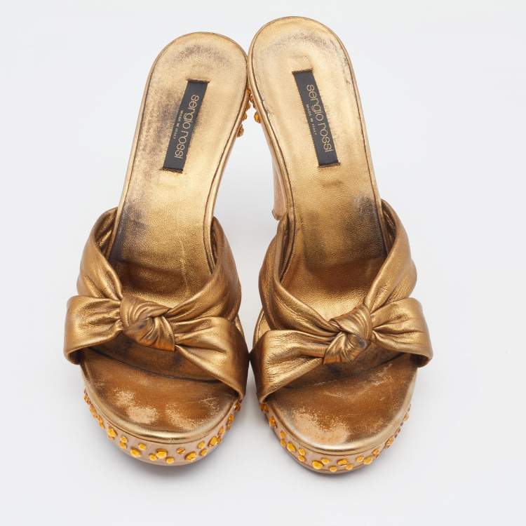 Pre Owned Sergio Rossi Metallic Bronze Leather Knotted Embellished Heel Platform Slide Sandals Size 39.5
