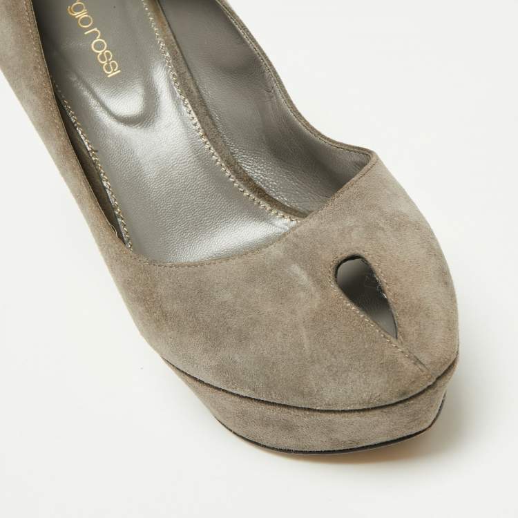 Pre Owned Sergio Rossi Grey Suede Peep Toe Platform Pumps Size 38.5