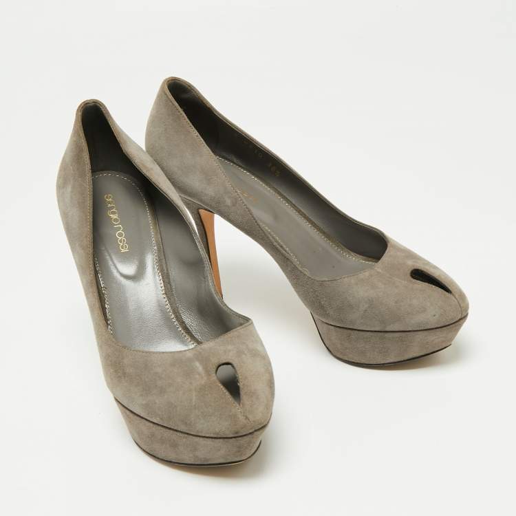 Pre Owned Sergio Rossi Grey Suede Peep Toe Platform Pumps Size 38.5