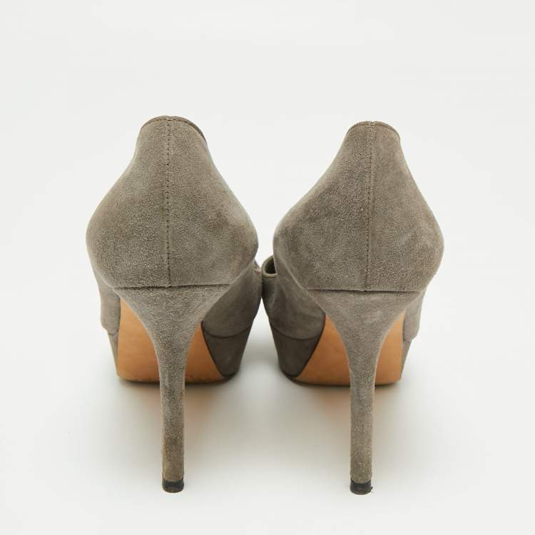 Pre Owned Sergio Rossi Grey Suede Peep Toe Platform Pumps Size 38.5