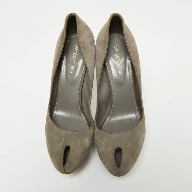 Pre Owned Sergio Rossi Grey Suede Peep Toe Platform Pumps Size 38.5