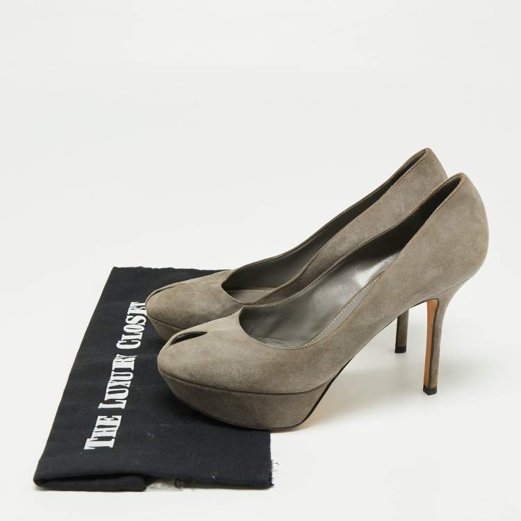 Pre Owned Sergio Rossi Grey Suede Peep Toe Platform Pumps Size 38.5