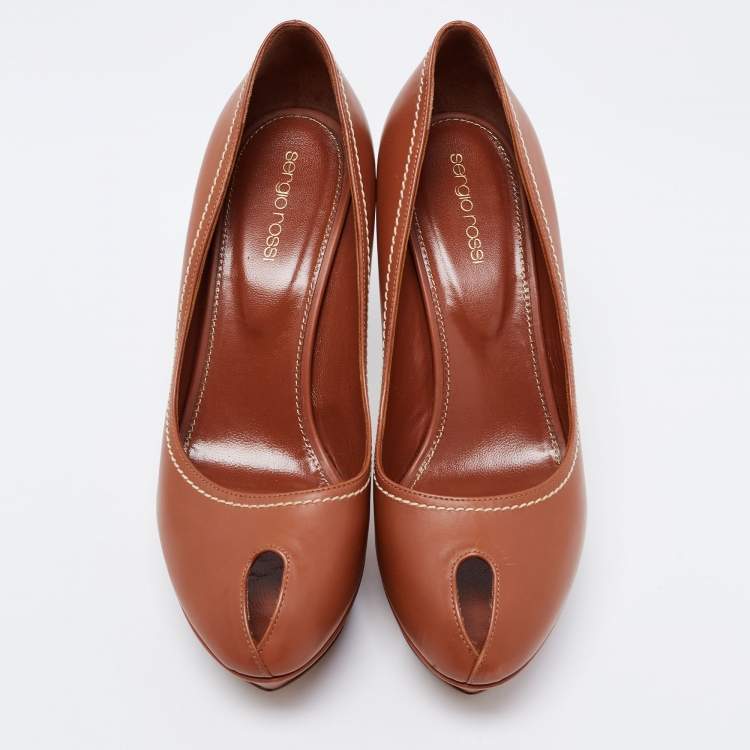 Pre Owned Sergio Rossi Brown Leather Peep Toe Platform Pumps Size 39