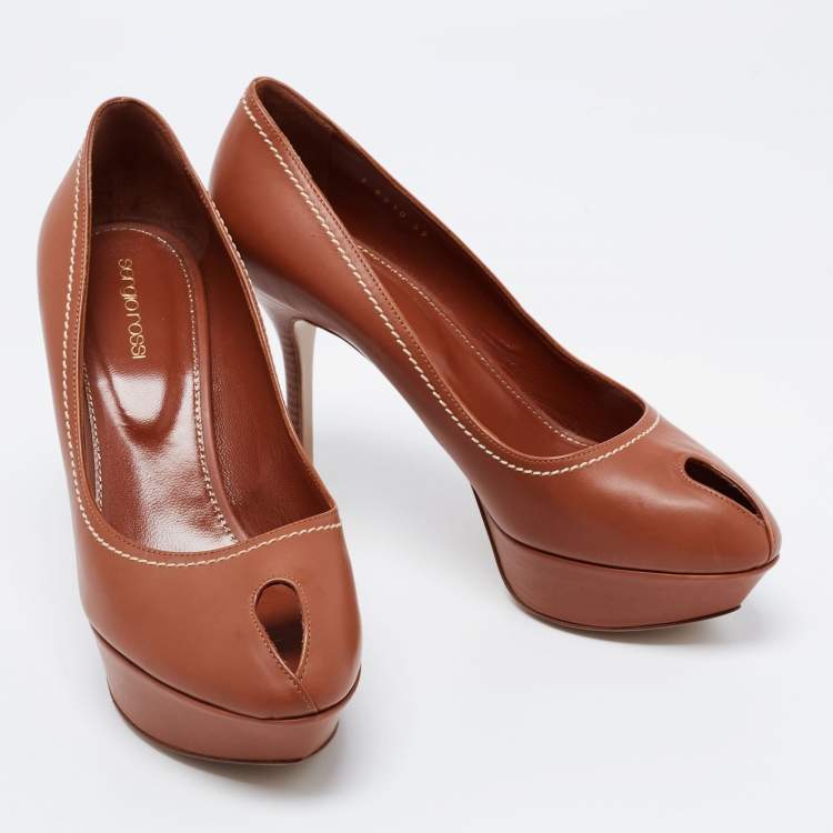 Pre Owned Sergio Rossi Brown Leather Peep Toe Platform Pumps Size 39