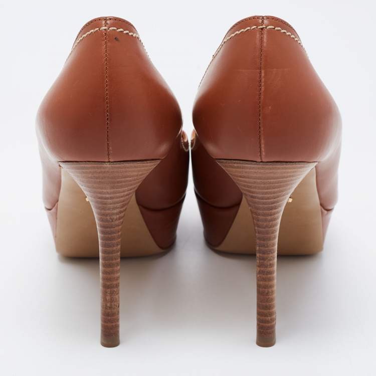Pre Owned Sergio Rossi Brown Leather Peep Toe Platform Pumps Size 39