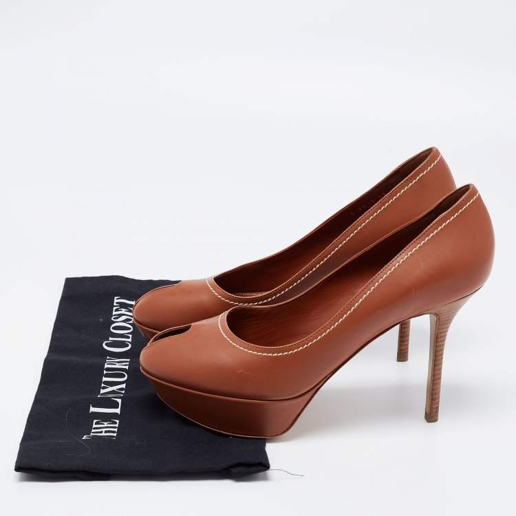 Pre Owned Sergio Rossi Brown Leather Peep Toe Platform Pumps Size 39