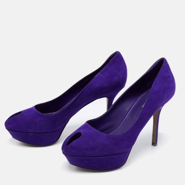 Pre Owned Sergio Rossi Blue Suede Peep Toe Platform Pumps Size 38.5