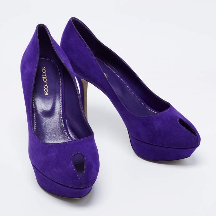 Pre Owned Sergio Rossi Blue Suede Peep Toe Platform Pumps Size 38.5
