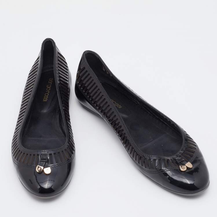 Pre Owned Sergio Rossi Black Laser Cut Patent Leather Ballet Flats Size 37.5