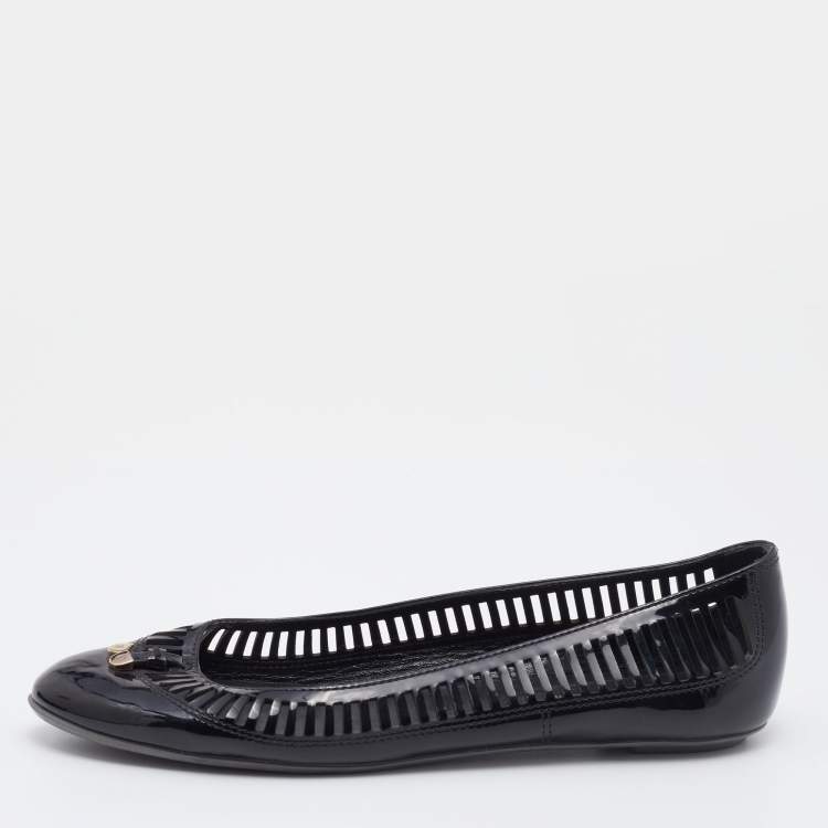 Pre Owned Sergio Rossi Black Laser Cut Patent Leather Ballet Flats Size 37.5