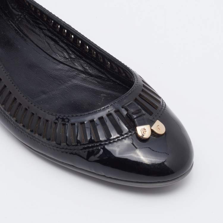 Pre Owned Sergio Rossi Black Laser Cut Patent Leather Ballet Flats Size 37.5