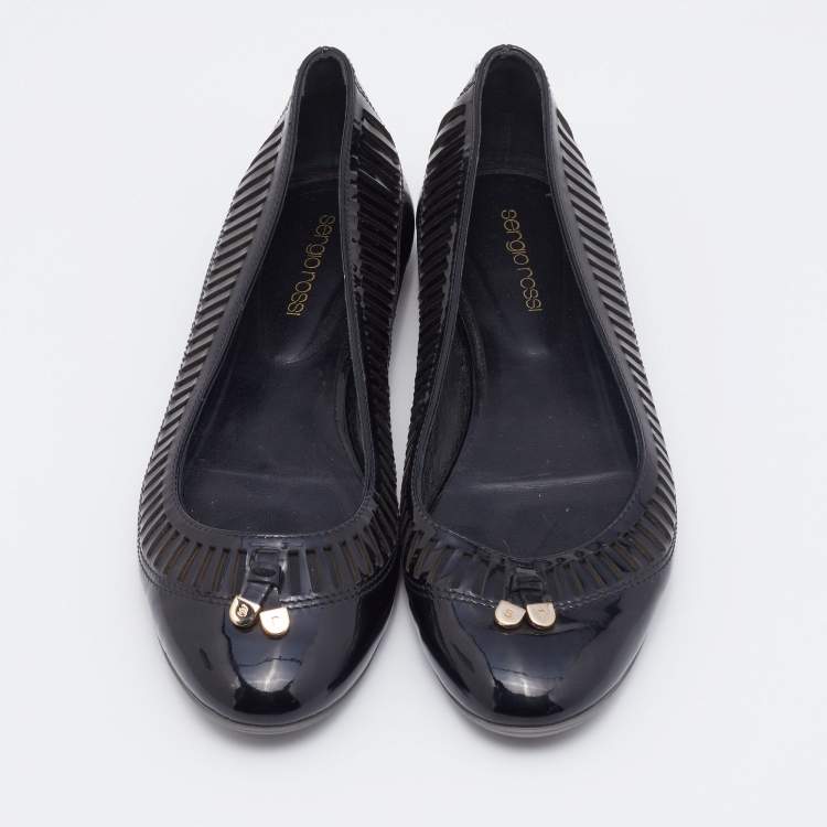 Pre Owned Sergio Rossi Black Laser Cut Patent Leather Ballet Flats Size 37.5