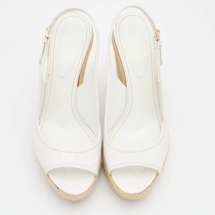 مملوكة مسبقًا Sergio Rossi White Leather Espadrille Platform Wedge Slingback Sandals Size 40