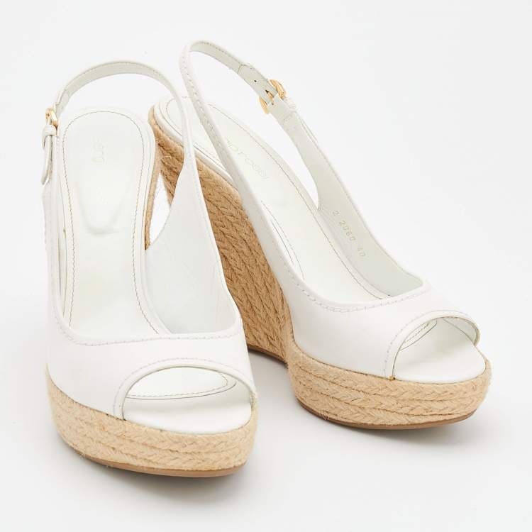 مملوكة مسبقًا Sergio Rossi White Leather Espadrille Platform Wedge Slingback Sandals Size 40