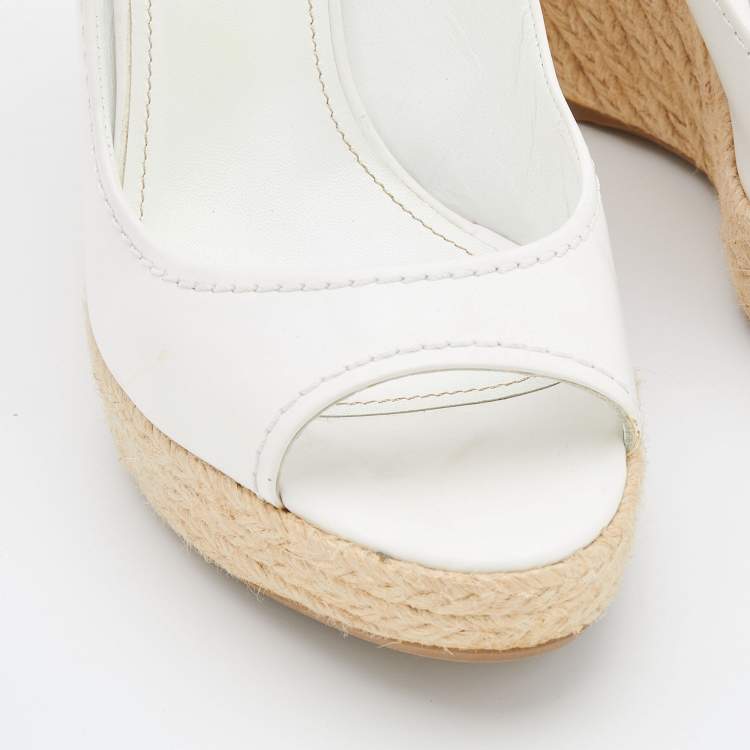 مملوكة مسبقًا Sergio Rossi White Leather Espadrille Platform Wedge Slingback Sandals Size 40