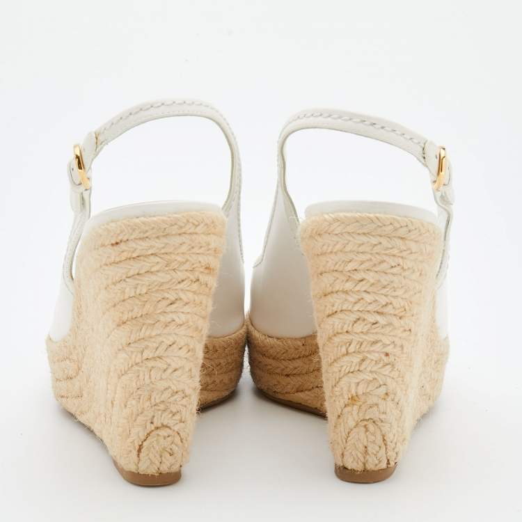 مملوكة مسبقًا Sergio Rossi White Leather Espadrille Platform Wedge Slingback Sandals Size 40