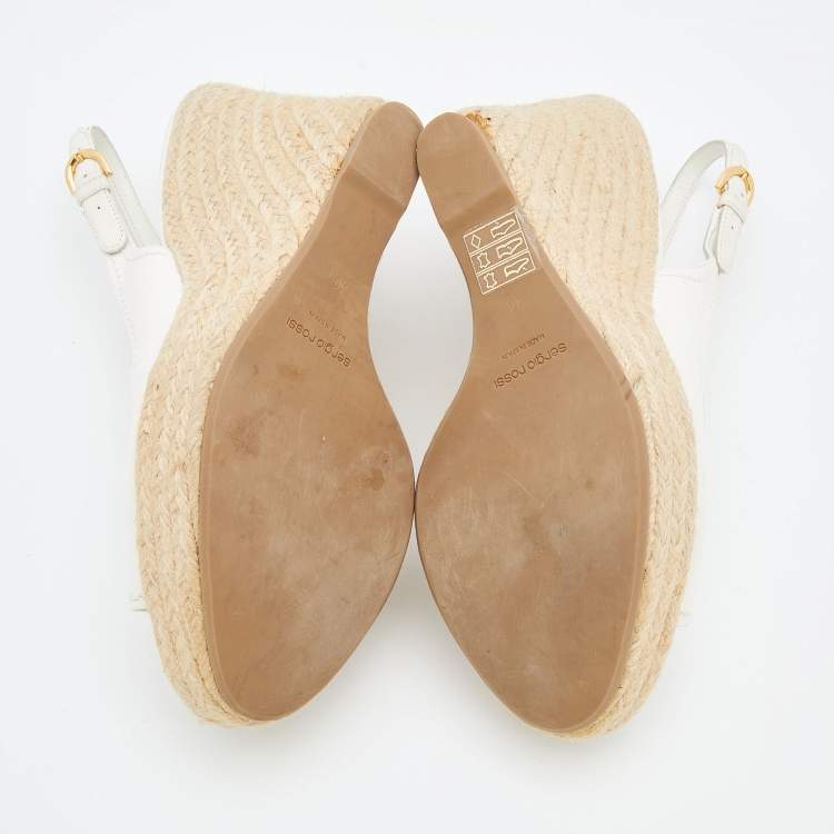 مملوكة مسبقًا Sergio Rossi White Leather Espadrille Platform Wedge Slingback Sandals Size 40