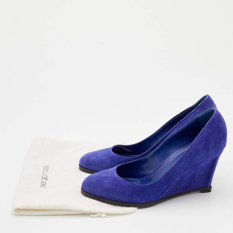 Pre Owned Sergio Rossi Blue Suede Wedge Pumps Size 39.5