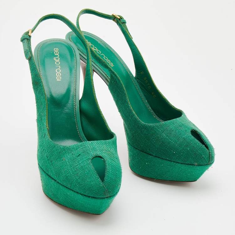 Pre Owned Sergio Rossi Green Canvas Platform Peep Toe Ankle Strap Sandals Size 40