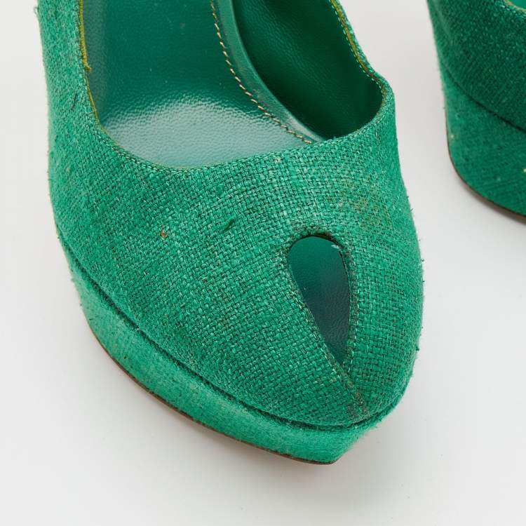 Pre Owned Sergio Rossi Green Canvas Platform Peep Toe Ankle Strap Sandals Size 40