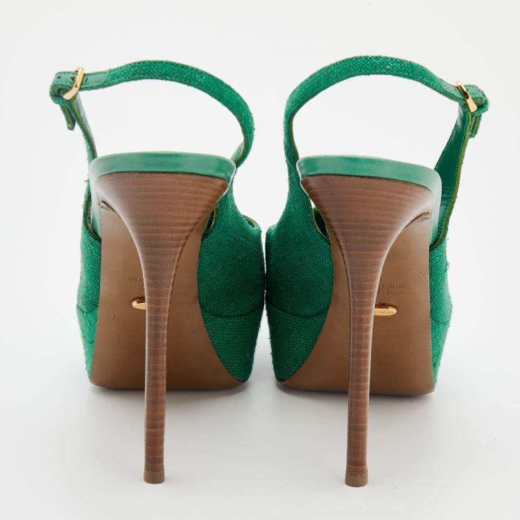 Pre Owned Sergio Rossi Green Canvas Platform Peep Toe Ankle Strap Sandals Size 40