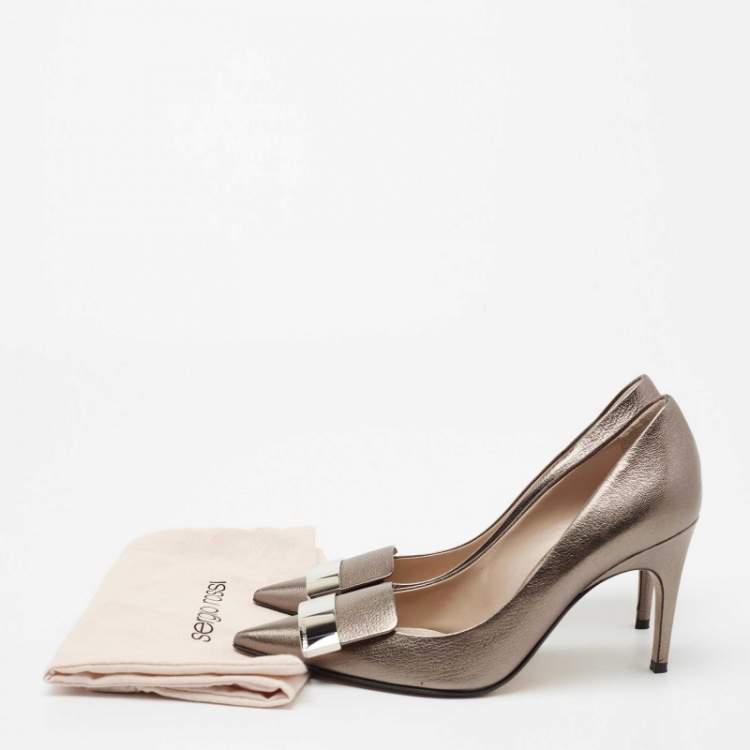 Pre Owned Sergio Rossi Metallic Grey Leather Logo Plaque Detail Pointed Toe Pumps Size 36