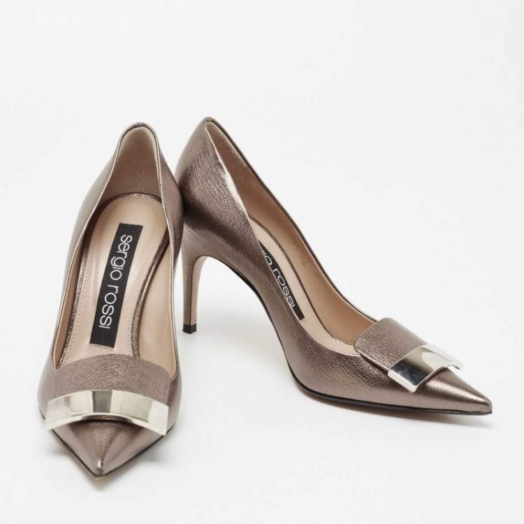 Pre Owned Sergio Rossi Metallic Grey Leather Logo Plaque Detail Pointed Toe Pumps Size 36