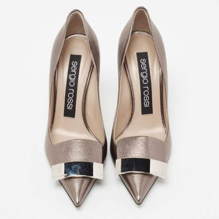 Pre Owned Sergio Rossi Metallic Grey Leather Logo Plaque Detail Pointed Toe Pumps Size 36